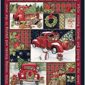 Christmas Fabric Panel Red Truck Collage Panel 36 x 44 inches